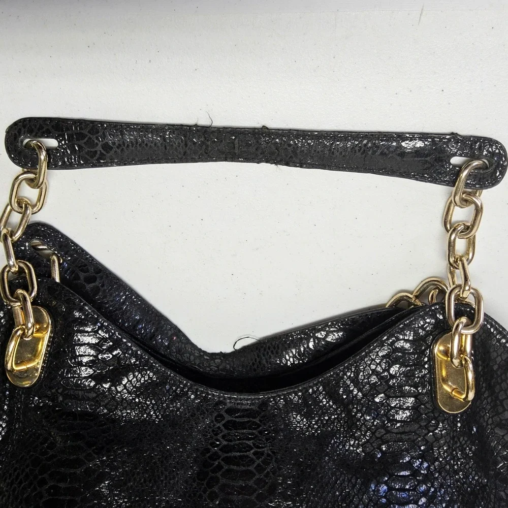 Michael Kors Fulton Shoulder Bag‎ Womens Large Black Snake Embossed Leather Gold